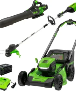 Greenworks 80V 21” Lawn Mower, 13” String Trimmer, and 730 Leaf Blowers.