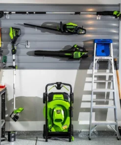 Alternative view of Greenworks 80V 21” Lawn Mower, 13” String Trimmer, and 730 Leaf Blowers.