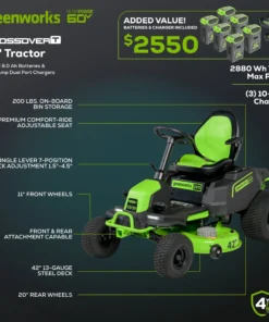 Alternative view of Greenworks 60V 42″ Cordless Battery CrossoverT Riding Lawn Mowers.