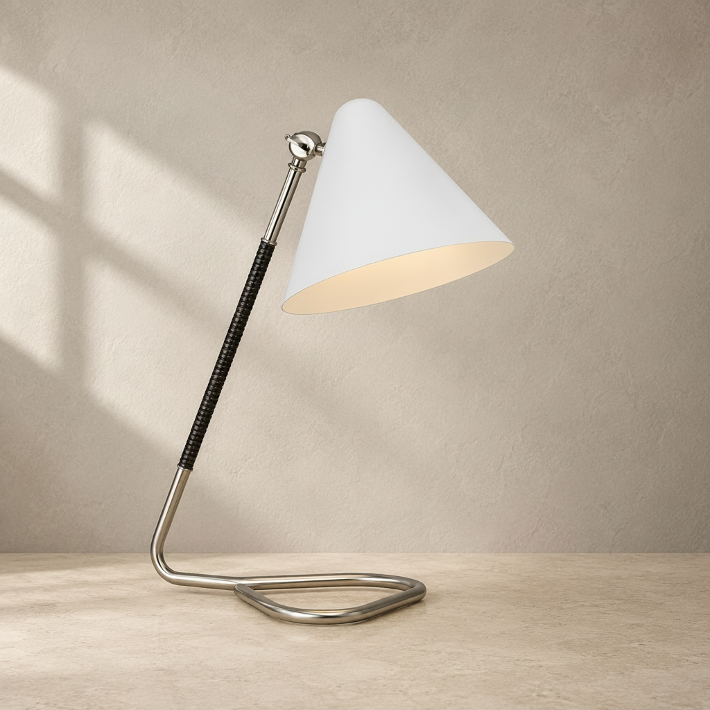 Laken 17-Inch LED Desk Lamp in Polished Nickel and Black Rattan