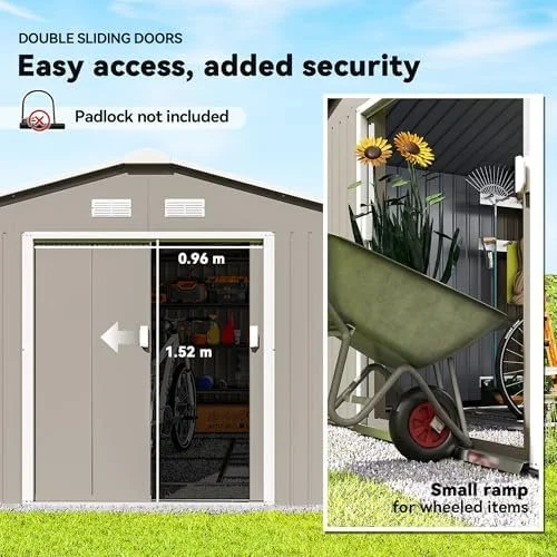 Outsunny 11′ x 13′ Outdoor Storage Shed, Garden Tool Metal Shed with Foundation Kit, Double Lockable Door, Air Vents and Slopings Roofs, for Backyard, Patio, Lawn, Light Grays - Image 3