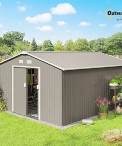 Alternative view of Outsunny 11′ x 13′ Outdoor Storage Shed, Garden Tool Metal Shed with Foundation Kit, Double Lockable Door, Air Vents and Slopings Roofs, for Backyard, Patio, Lawn, Light Grays