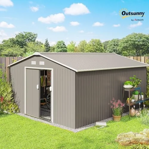 Outsunny 11′ x 13′ Outdoor Storage Shed, Garden Tool Metal Shed with Foundation Kit, Double Lockable Door, Air Vents and Slopings Roofs, for Backyard, Patio, Lawn, Light Grays - Image 2