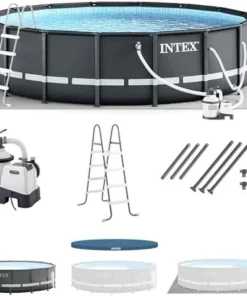 Intex Ultra XTR Frame 14′ x 42″ Round Above Ground Outdoor Swimming Pool Set with Sand Filter Pump, Ladder, Ground Cloth, and Pool Covers